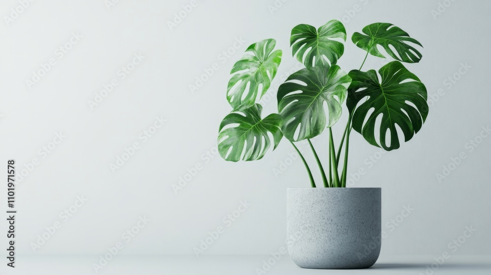 Wall mural clean image of a large leaf house plant Monstera deliciosa in a gray pot on a white background