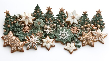 A lovely arrangement of Christmas cookies in the shape of stars and trees, displayed on a white surface.