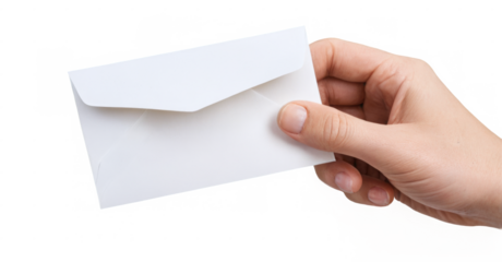 Blank white envelope held by hand against transparent background with fingers slightly curled around edges, paper material visible.