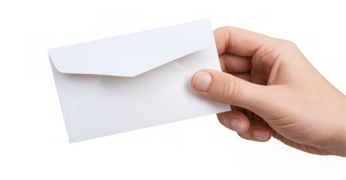 Blank white envelope held by hand against transparent background with fingers slightly curled around edges, paper material visible.