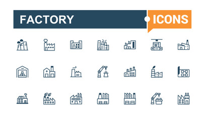 Factory line web icon set. Featuring machine, processing, process, technician, manufacturing, production and more. Simple line vector. Vector line and solid icons.