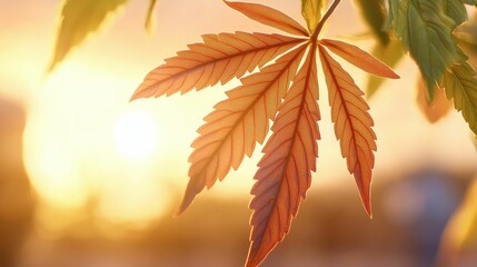 health cannabis healing concept, A close-up of a vibrant maple leaf illuminated by sunlight, showcasing its intricate details and warm autumn hues against a soft background.