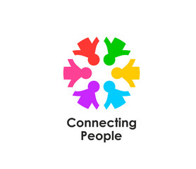 Community or teamwork connect people together vector icon for union and family. Color people in circle connected by hands, corporate sign for social community, business network and partnership emblem