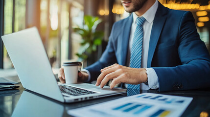 The businessman multitasks between video calls and data entry on his laptop, showcasing adaptability in a fast-paced corporate environment.