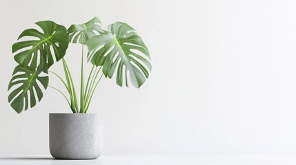 clean image of a large leaf house plant Monstera deliciosa in a gray pot on a white background