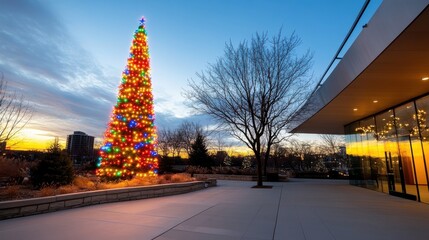 A towering Christmas tree, decorated with multicolored lights, illuminates an outdoor plaza against...