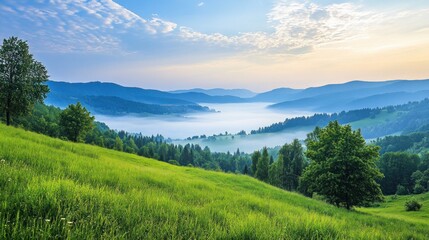 Obraz premium A serene landscape featuring rolling hills, lush greenery, and a misty valley at sunrise.