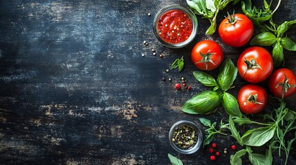 Fresh Tomatoes, Basil, and Red Peppercorns on Rustic Wooden Background