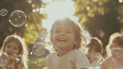 Children Playing with Bubbles in the Sunshine