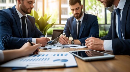 Professional Team Analyzing Sales Data with Graphs in Modern Office Setting, Collaborative Business Meeting Focused on Strategy Development and Performance Insights