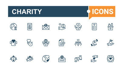 Charity thin line icon set. Contains such icons as volunteer, unity, social, friend, blood donation, fund, assistance and more. Editable vector icon and illustration.