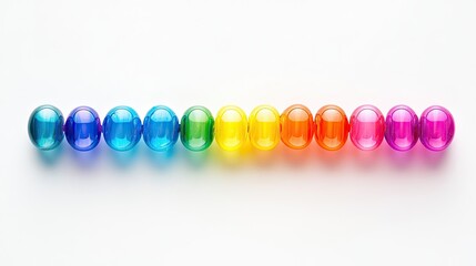 Shiny plastic beads in bright colors, isolated on white background, arranged in a row to highlight playful aesthetic
