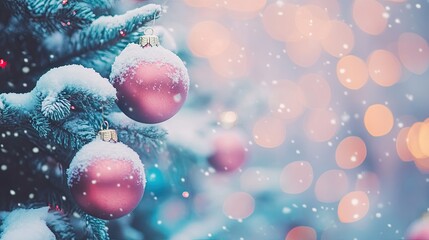 Snow-covered winter tree with holiday decorations, minimal and vibrant