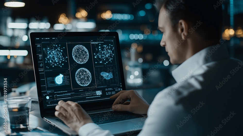Poster a man using advanced technology on a laptop to explore creation and digital designs in a modern work
