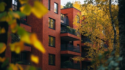 Fototapeta premium Red Brick Building with Balconies and Autumn Leaves