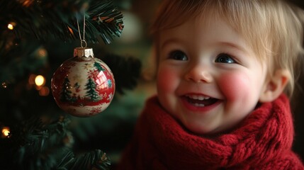 Joyful Child Beneath Christmas Ornament