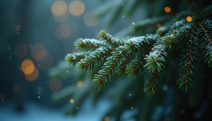 Close-up of evergreen branch with blurred festive Christmas lights in the background