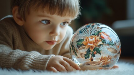 Child Enchanted by Holiday Snow Globe
