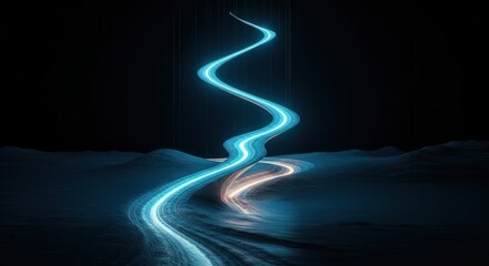 Enigmatic blue glowing light trail winding dark landscape