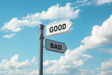 Obraz premium Good and bad concept. A road signboard split into two sections, one labeled 