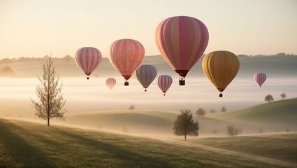 The scene is serene and dreamlike as colorful hot air balloons glide over the foggy terrain around daybreak.