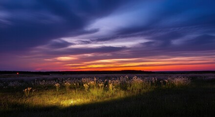 Fototapeta premium Serene twilight peaceful meadow with vibrant sunset colors