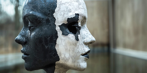Split personality. Double face. Silhouettes of heads. Psychology. Mental health. Split personality concept. Metaphor bipolar mental disorder of mind. Conceptual mood disorder.