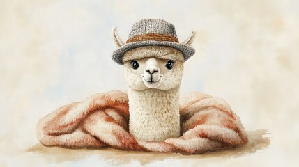 Obraz premium Charming llama wearing a fedora hat resting comfortably works well for whimsical marketing banners and engaging social media content.