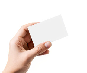 Close-up of hand holding blank white card with transparent background, emphasizing details of fingers and card texture.