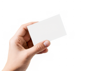Close-up of hand holding blank white card with transparent background, emphasizing details of fingers and card texture.
