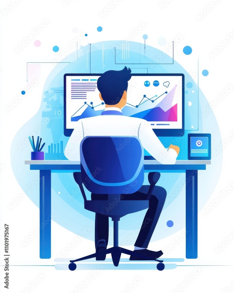 Poster a man is sitting at a desk with a computer monitor and a keyboard