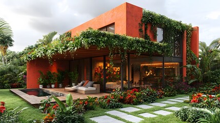 Obraz premium 3D illustration of a garden house with natural wood design, open spaces, and surrounded by vibrant flowers and greenery