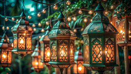 Obraz premium Ornate Moroccan Lanterns with Warm Candlelight and String Lights, Perfect for Ramadan Decor, Festive Celebrations, Outdoor Parties, Middle Eastern Themes, Hospitality, and Ambiance Creation