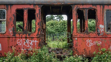 Abandoned red railway car covered in graffiti windows shattered surrounded by overgrown vegetation