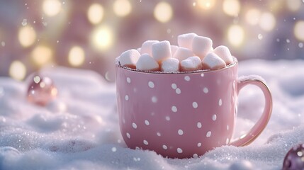 Pink polka-dotted mug filled with marshmallows in snowy winter scene.
