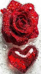 Red rose and heart covered with water droplets.