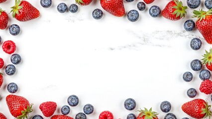 Fresh strawberries blueberries and raspberries on marble surface