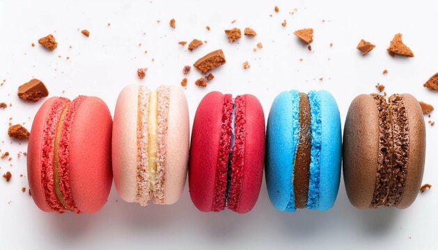 Colourful french macrons lined up on the white background close up, crumbs around