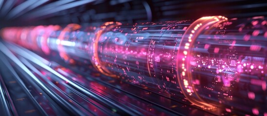 Mesmerizing abstract scene of swirling neon light trails pulsing electricity and shimmering particles in a futuristic digital space  Showcasing a cutting edge visionary