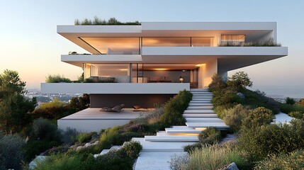 Fototapeta premium 3D rendering of a contemporary minimalist house with natural materials and an open, airy design