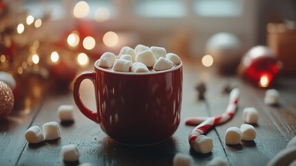 Festive Hot Cocoa with Marshmallows and Candy Cane on Wooden Table