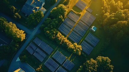 Aerial View of Utility-Scale Solar Power Array: Dawn Lighting Highlights Panel Configurations and Infrastructure, Emphasizing Technological Precision and Maintenance Access.