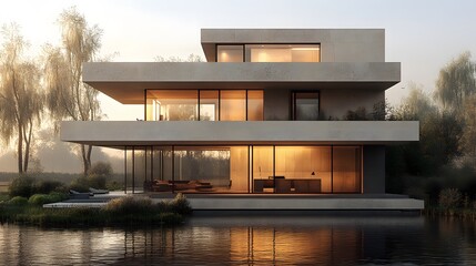 3D rendering of a modern house with minimalistic design, open plan, and large glass windows