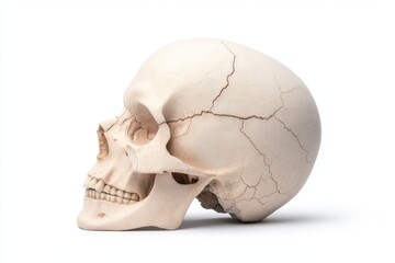 Fototapeta premium A cracked human skull sits in profile against a white background, showcasing intricate details, This image can be utilized in educational materials, medical illustrations, or artistic representations