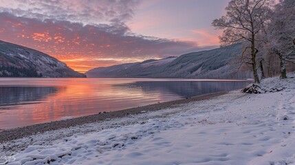 Serene mountain lake at sunrise with stunning reflections of pink and purple skies