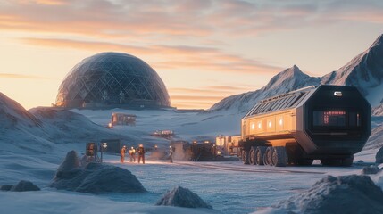 Cinematic Arctic Research Station: Generator Installation Under Polar Dawn Lighting, Showcasing Advanced Cold-Environment Engineering Precision and Technological Adaptation.