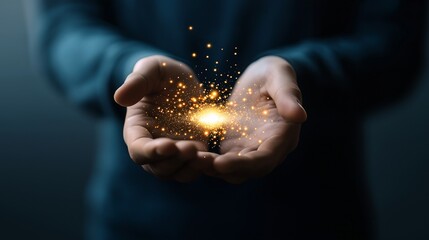 Hands Holding Virtual Light Particles in a Global Concept, Symbolizing Innovation, Technology, and Future Possibilities in a Creative Design