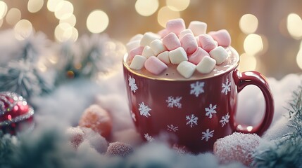 Festive Hot Chocolate with Marshmallows in a Red Snowflake Mug