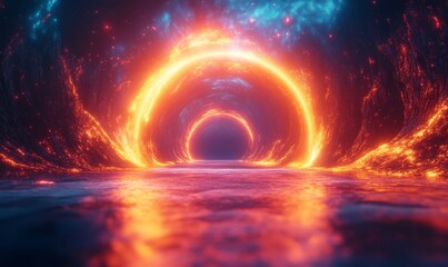Obraz premium Psychedelic energy waves radiating from a glowing neon core, spiritual transformation, 3D illustration