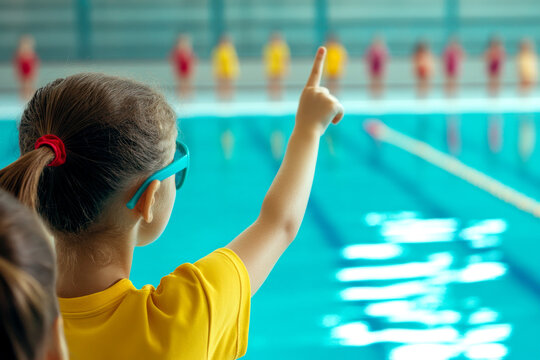A young girl in yellow raises her hand at a swimming pool, signaling or giving instructions to a group of swimmers in the background.